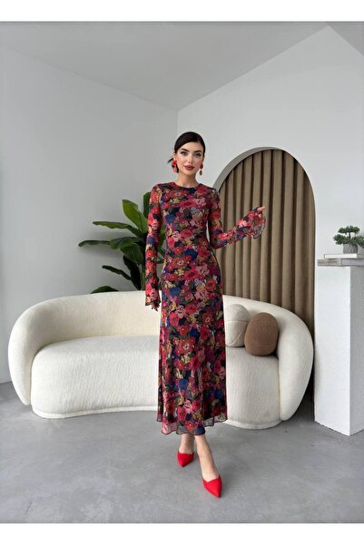 BOUQUET OF TULİP Çiçek Desenli Astarlı İspanyol Kollu Tül Elbise