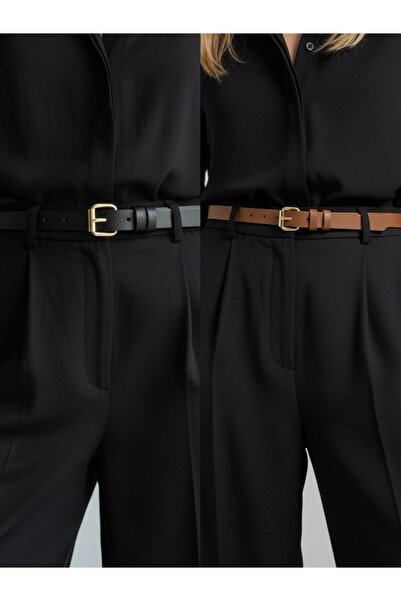 Kemerix Women's Makara Gold Buckle Thin 2-Piece Belt Set Black-Tan