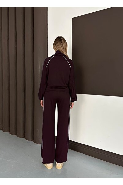 mielva Women's Brown Striped Wide Leg Zippered Modal Fabric Tracksuit Set