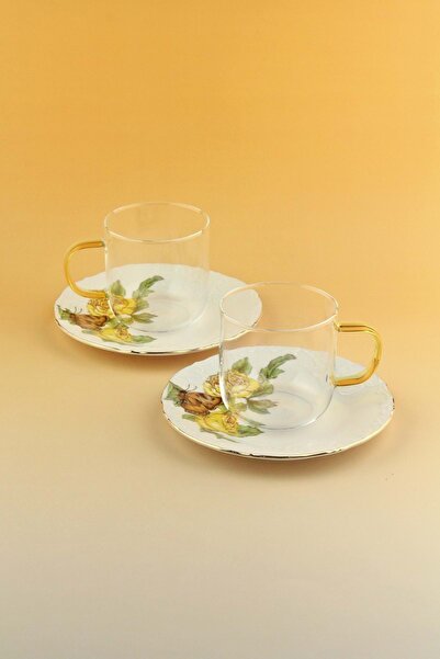 Bursa Porselen Dekor Yellow butterfly iki kişilik çay kupa takımı