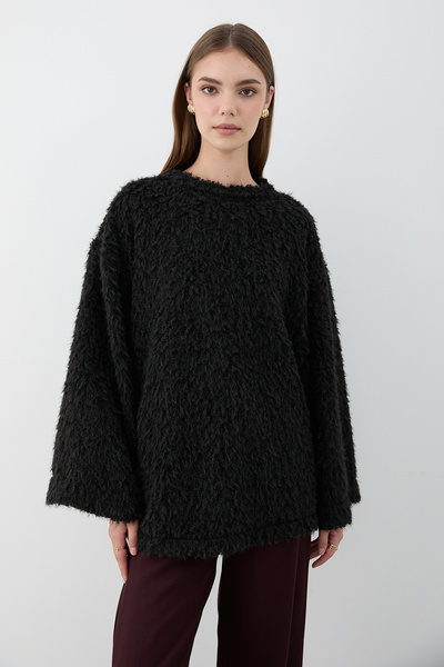 JASTE Pulover de pluș negru supradimensionat pentru femei