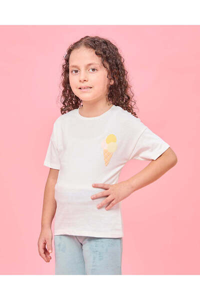 REDTAG تي شيرت أبيض بأكمام قصيرة للفتيات بطبعة آيس كريم