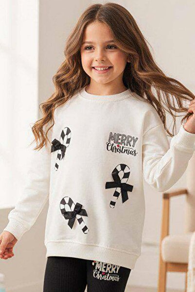 Riccotarz Set of Cane Candy and Christmas Printed on the Girl 2 String Sweater F Corded Fabric Black Leggings