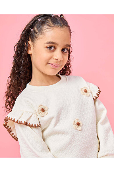 REDTAG Girls Beige 3D Flower Embellished Sweatshirt