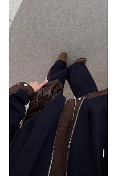 BRTC design Women's Navy Blue Gray Patchwork Hooded Detailed Tracksuit Set