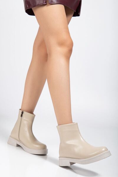 Budi 02-3033 Beige Wrinkled Patent Leather Zippered Daily Women's Boots