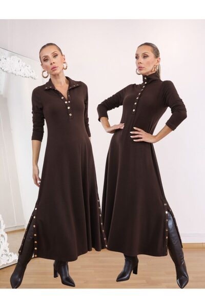 QİMYA BUTİK BUKETLİ Rochie lungă pentru femei D guler ridicat cu detaliu cu fixare laterală în două părți din oțel din material subțire e bumbac moale riko cu mâneci lungi