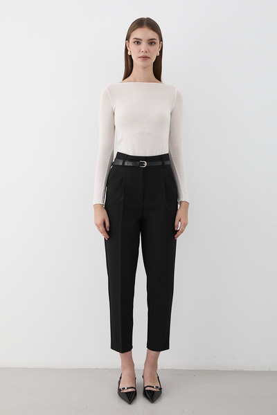 JASTE Women's Black High Waist Pleated Fabric Pants