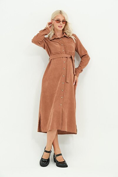 BUSA Φόρεμα εγκυμοσύνης με κουμπιά μπροστά, μήκους midi, βελούδινο, CAMEL