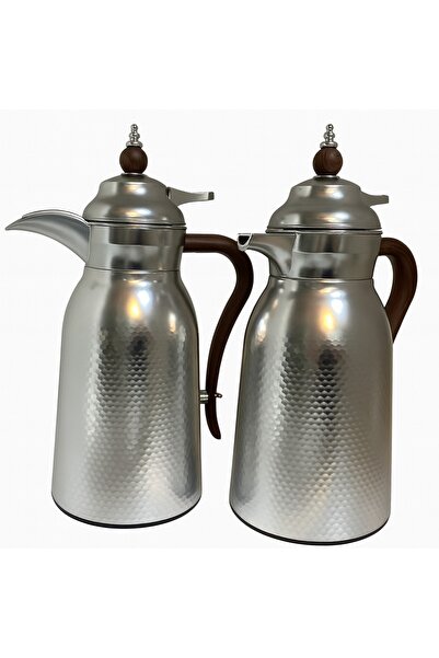 Dania Ola Thermos Set for Tea and Coffee, 2 Pieces, Matte Silver, Wooden Handle, 1 Liter, Glass Interior