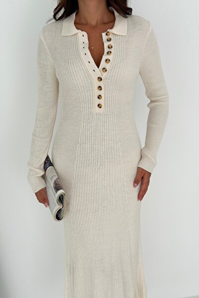 Noi Belis Maxi Boy Half Placket Button Detailed Knitwear Dress Aw25El0022