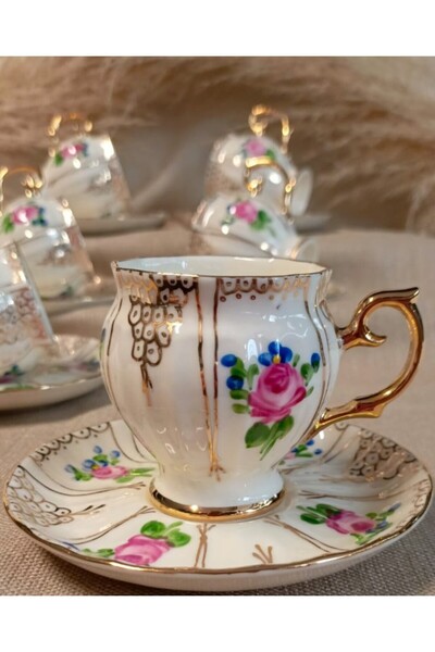 BY.RAYKA PORSELEN El Dekor Florina Pervi̇z Porcelain Hand Painted Coffee Cup Set