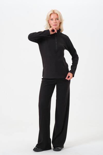 BUSA Maternity Thermal Zippered Wide Leg Eyebrow Corset Tracksuit Set Black
