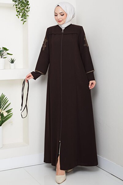 hafsamina Lace-Up Sleeve Embroidered Ferace Brown Hm2854