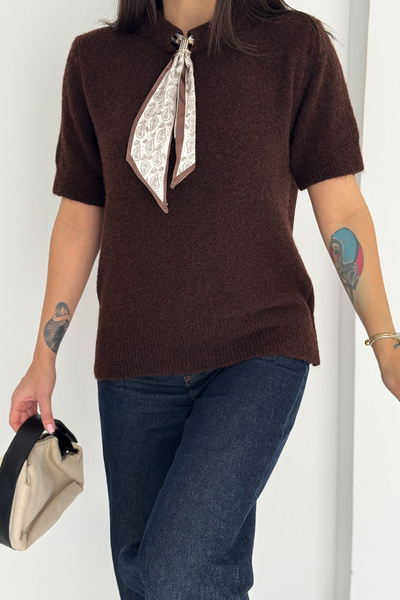 Noa Noa Women's Short Sleeve Scarf Detailed Knitwear Sweater – Soft Elegance