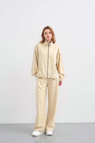 Basicpark Yellow Women's Pique Textured Waist Adjustable Zipper Detailed Wide Leg Top and Bottom Set