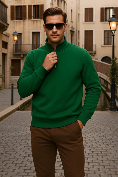 DAMGA JEANS Hanorac pentru bărbați, iarnă, cu guler polo, verde, cu fermoar t...
