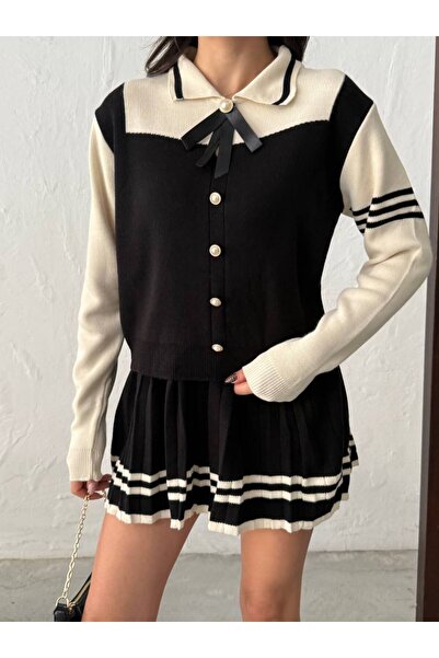 alenmoda Gold Buttoned Polo Neck Ribbon Detailed Knitwear Bottom-Top Set