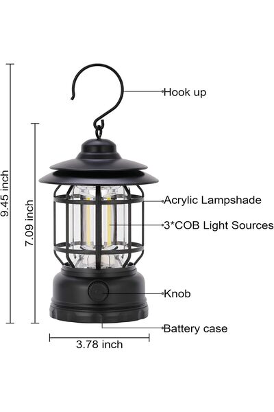 NEONI Rechargeable Portable LED Camping Lantern - Vintage Hanging Tabletop Light (Black)