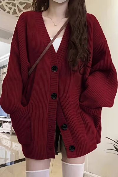 Tarz Cool Women's Oversized Pocket Buttoned V-Neck Knitwear Cardigan