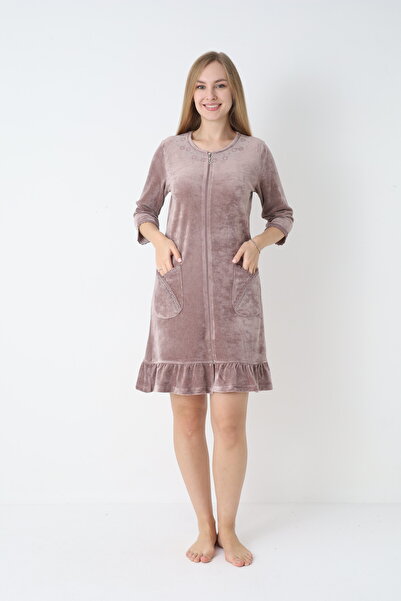 ROMEO LİFE Γυναικείο χειμερινό φόρεμα από βαμβακερό βελούδο με φερμουάρ / βιζόν - 3719