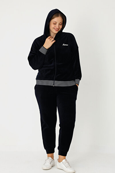 İntensive Navy Blue Zippered Hooded Cotton Velvet Long Sleeve Printed Pocket Women's Plus Size Tracksuit Set