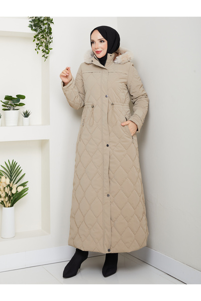 KMKkombin Women's New Season Fully Padded Hooded Nova Fabric Young Sports Long Coat Overcoat 11.75Kmk