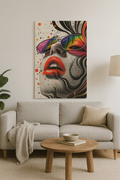 BLT DİZAYN Pop Art Glass Painting with Colorful Glasses and Red Lips Design – Trendy Living Room Decor
