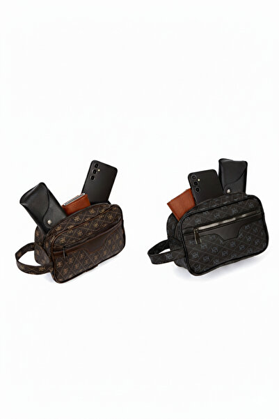 Newish Polo Men's Patterned Black and Brown Portfolio-Clutch Shaving/Makeup and Handbag (Daily, Travel) 2 Pieces