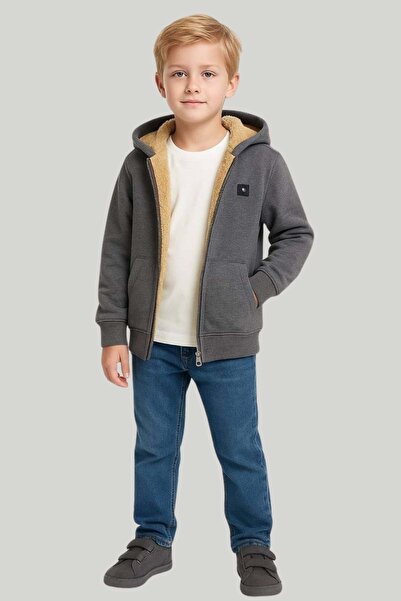 wakawakakidsstore K Hooded Zippered Boy's Sweatshirt with Fur Inside