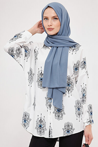 armonika Women's Light Blue Patterned Oversized Long Basic Hijab Shirt Arm-26K001075