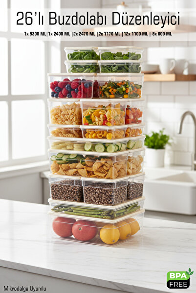 FİTHOME 26-Piece Refrigerator and Freezer Organizer Storage Containers 6 Different Sizes Microwave Safe Bpa Free