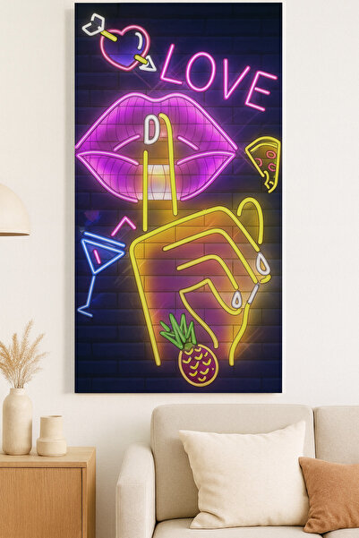 BLT DİZAYN Colorful Neon Lip and Hand Gesture Glass Painting – Frameless Modern Design