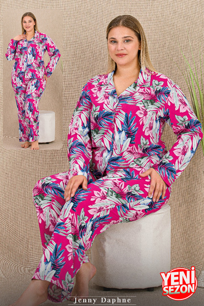 Jenny Daphne Warm Non-Sweaty Belmando Viscose Fabric Buttoned Top Plus Size Pajama Set