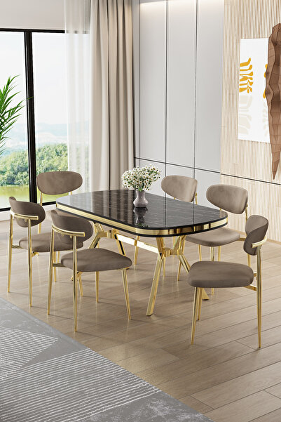 Canisa Olya Serisi 90x168 Lak Panel Sonata Masa Takımı Gold Ayaklı 6 Cappucin...