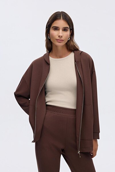 KADRİYE BAŞTÜRK Modal Knitted Hooded Cardigan Brown