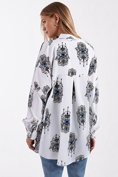 armonika Women's Light Blue Patterned Oversized Long Basic Hijab Shirt Arm-26K001075