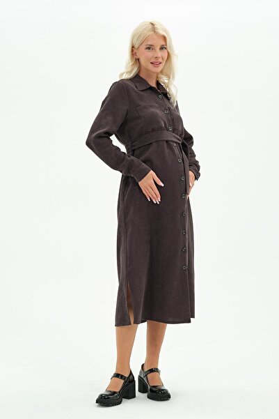 BUSA Maternity Front Button Midi Length Velvet Dress Smoked