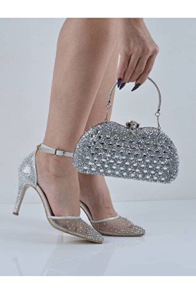 ŞanslıTasarım Silver Tulle Detailed Strappy Thin Heeled Evening Dress Shoes Bag Set