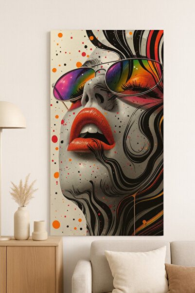 BLT DİZAYN Pop Art Glass Painting with Colorful Glasses and Red Lips Design – Trendy Living Room Decor