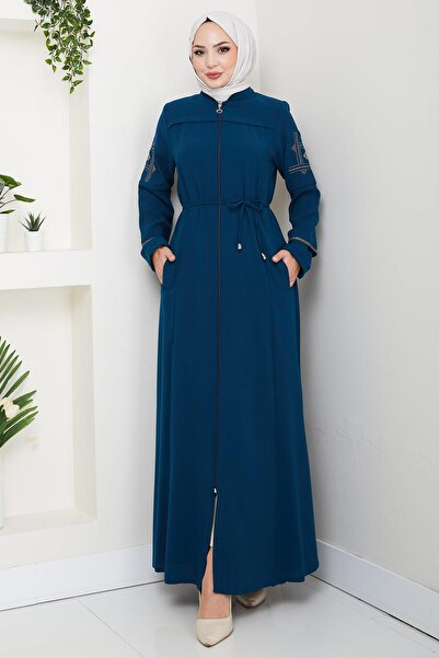 hafsamina Lace-Up Sleeve Embroidered Ferace Petrol Hm2854