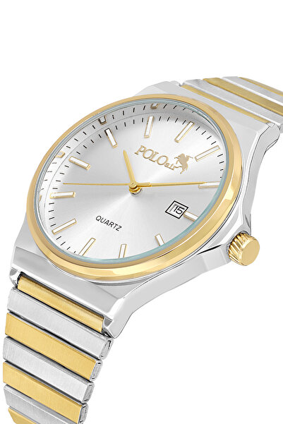 Polo Air ساعة يد رجالية بسوار معدني من الخيزران مع تقويم فضي اللون ذهبي اللون...