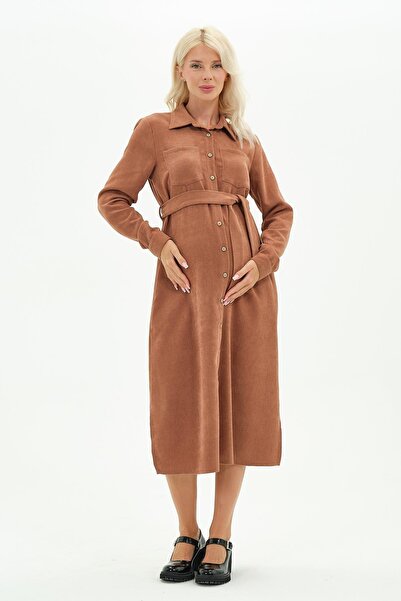 BUSA Φόρεμα εγκυμοσύνης με κουμπιά μπροστά, μήκους midi, βελούδινο, CAMEL