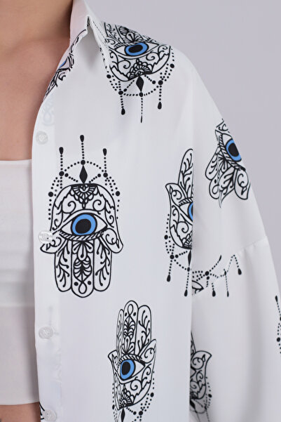 armonika Women's Light Blue Patterned Oversized Long Basic Hijab Shirt Arm-26K001075