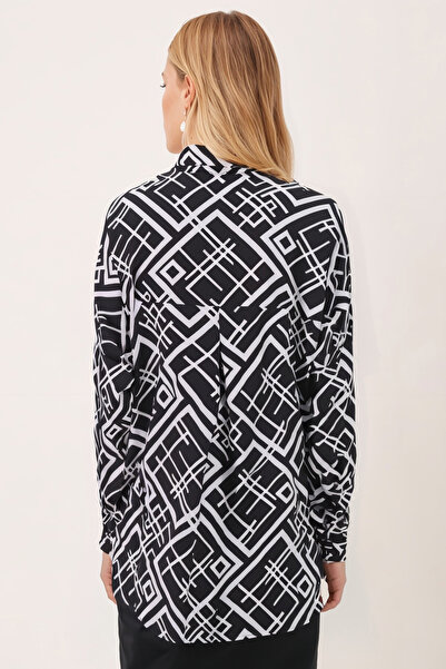 armonika Women's Black Square Pattern Oversized Long Basic Hijab Shirt Arm-26K001074