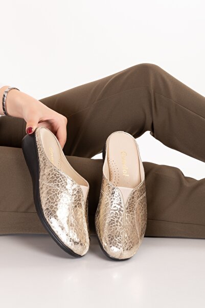 Gondol Women's Genuine Leather Comfortable Wedge Heeled Sabo Home Slippers Özl.323 Dore