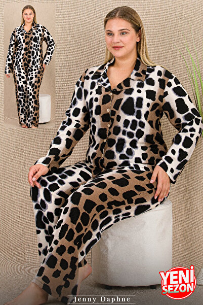 Jenny Daphne Warm Non-Sweaty Belmando Viscose Fabric Buttoned Top Plus Size Pajama Set