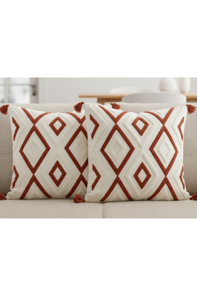 Destiva Home Buldan İşi Ethnic Geometric Patterned Tasseled Punch 2 Piece Throw Pillow Cover (42X42Cm)