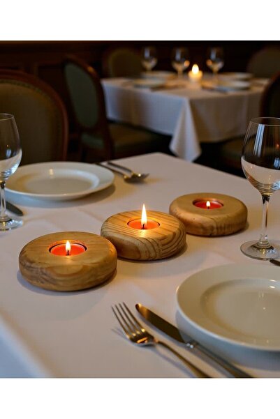 efholde Ahşap Doğal Dekoratif Yassı Daire Mumluk Şamdan 3' lü