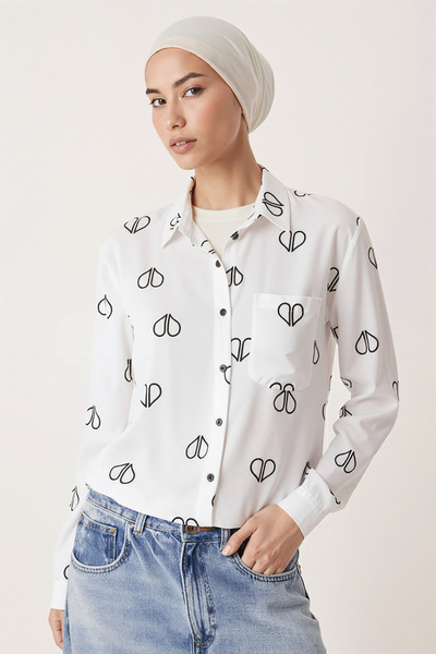 armonika Women's White Pleated Detail on the Back Single Pocket Patterned Long Sleeve Hijab Shirt Arm-26K001076